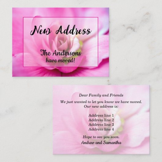ピンクベゴニア新住所のお知らせ ノートカード (正面/裏面)