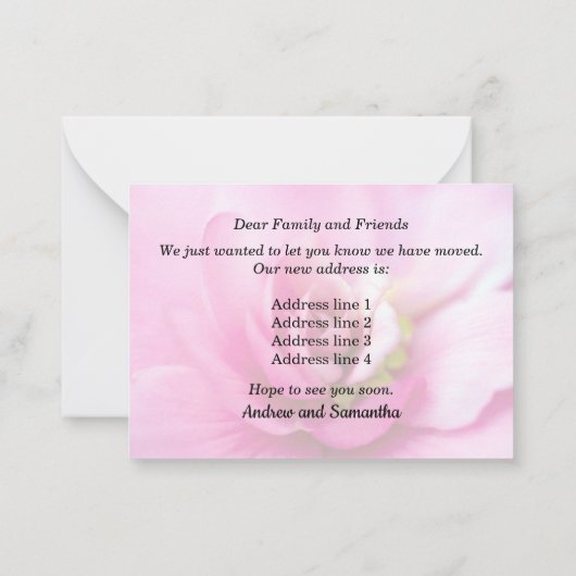 ピンクベゴニア新住所のお知らせ ノートカード (裏面)