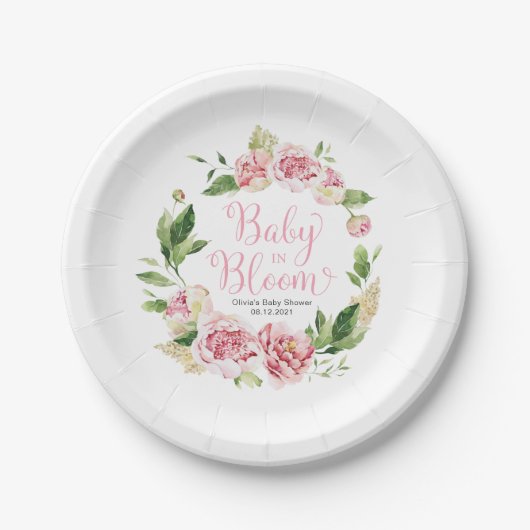 ピンクベビーイン開花ガールベビーシャワープレート ペーパープレート (正面)