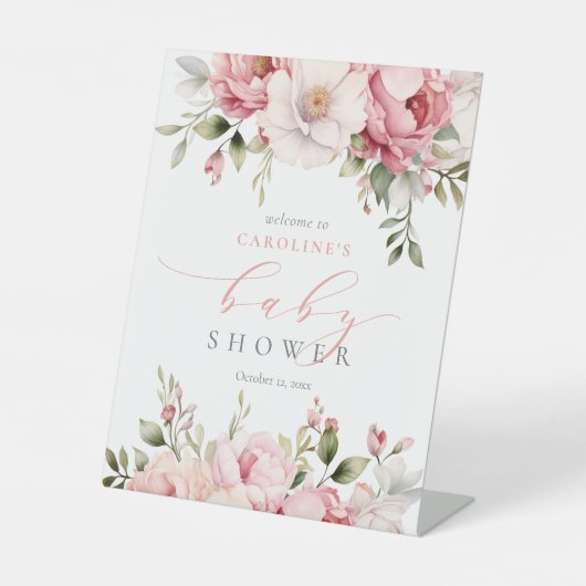 ピンクベビーイン開花ガールベビーシャワー歓迎サイン 台座サイン (正面)