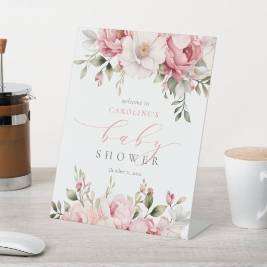 ピンクベビーイン開花ガールベビーシャワー歓迎サイン 台座サイン (インサイチュ)