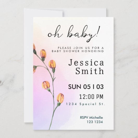 ピンクベビーイン開花ベビーシャワー招待状 招待状 (正面)