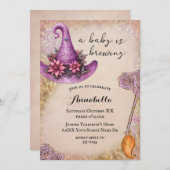 ピンクベビーウィッチハロウィーンベイビーシャワー 招待状 (正面/裏面)