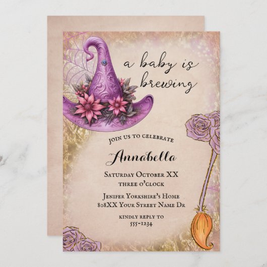 ピンクベビーウィッチハロウィーンベイビーシャワー 招待状 (正面/裏面)