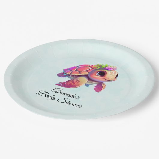 ピンクベビーウミガメ&お洒落かわいいベビーシャワー ペーパープレート (アングル)