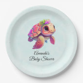 ピンクベビーウミガメ&お洒落かわいいベビーシャワー ペーパープレート (正面)