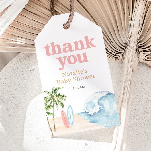 ピンクベビーオンボードサーフビーチベビーシャワー ギフトタグ