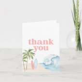 ピンクベビーオンボードサーフビーチベビーシャワー サンキューカード (正面)