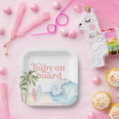 ピンクベビーオンボードビーチサーフベビーシャワー ペーパープレート (パーティー)