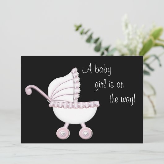 ピンクベビーカー女の子の赤ちゃんシャワー 招待状 (スタンド正面)