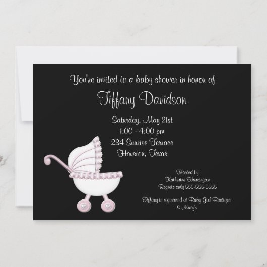 ピンクベビーカー女の子の赤ちゃんシャワー 招待状 (裏面)