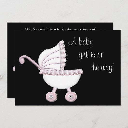 ピンクベビーカー女の子の赤ちゃんシャワー 招待状 (正面/裏面)
