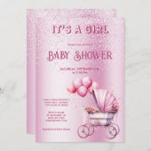 ピンクベビーカー赤ちゃんシャワー招待状 招待状 (正面/裏面)