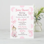 ピンクベビーガールとテディベアシャワー招待状 招待状 (スタンド正面)