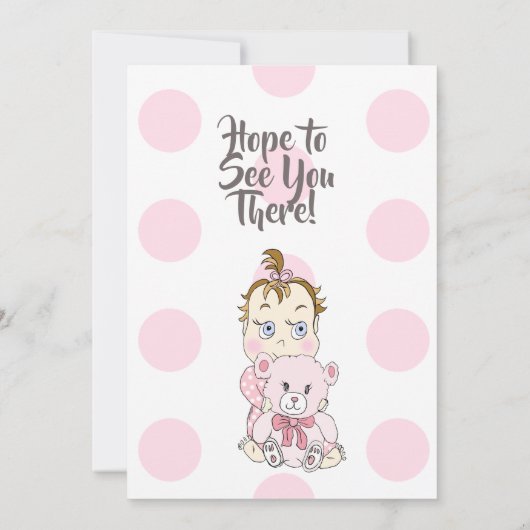 ピンクベビーガールとテディベアシャワー招待状 招待状 (裏面)