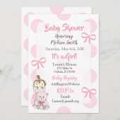 ピンクベビーガールとテディベアシャワー招待状 招待状 (正面/裏面)