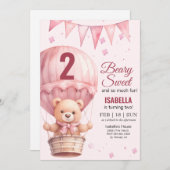 ピンクベビーガールエアバルーンテディベア誕生日 招待状 (正面/裏面)