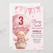 ピンクベビーガールエアバルーンテディベア誕生日 招待状 (正面/裏面)