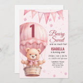 ピンクベビーガールエアバルーンテディベア誕生日 招待状 (正面/裏面)