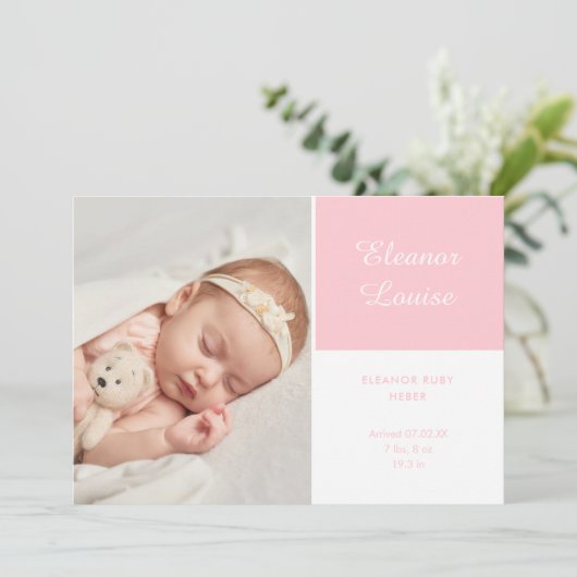 ピンクベビーガールエレガントスクリプトフォト誕生 案内状 (スタンド正面)