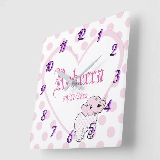 ピンクベビーガールエレファントハート&水玉模様 スクエア壁時計 (傾斜)