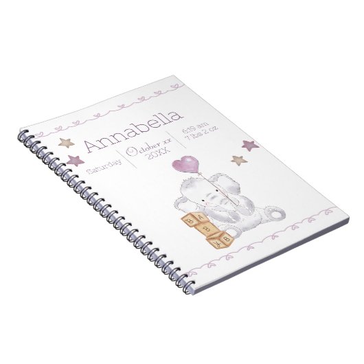 ピンクベビーガールエレファント名前をカスタムする誕生詳細 ノートブック (右側)