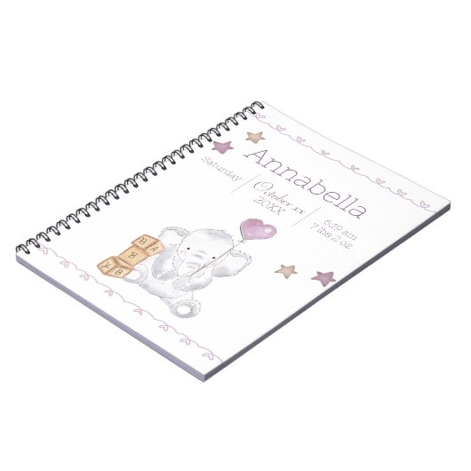 ピンクベビーガールエレファント名前をカスタムする誕生詳細 ノートブック (左側)