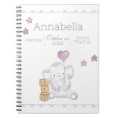 ピンクベビーガールエレファント名前をカスタムする誕生詳細 ノートブック (正面)