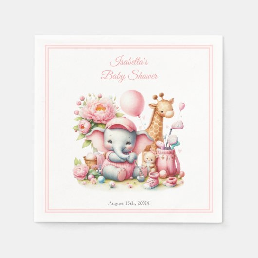 ピンクベビーガールエレファント&キリンゴルフベビーシャワー スタンダードカクテルナプキン (正面)