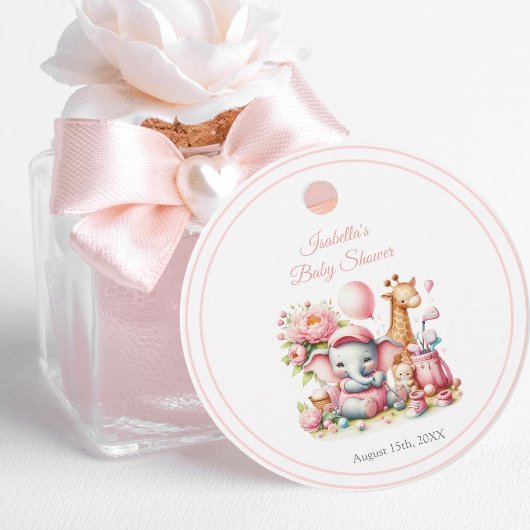 ピンクベビーガールエレファント&キリンゴルフベビーシャワー フェイバータグ