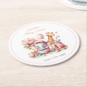 ピンクベビーガールエレファント&キリンゴルフベビーシャワー ラウンドペーパーコースター (アングル)
