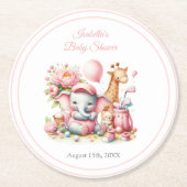 ピンクベビーガールエレファント&キリンゴルフベビーシャワー ラウンドペーパーコースター (正面)