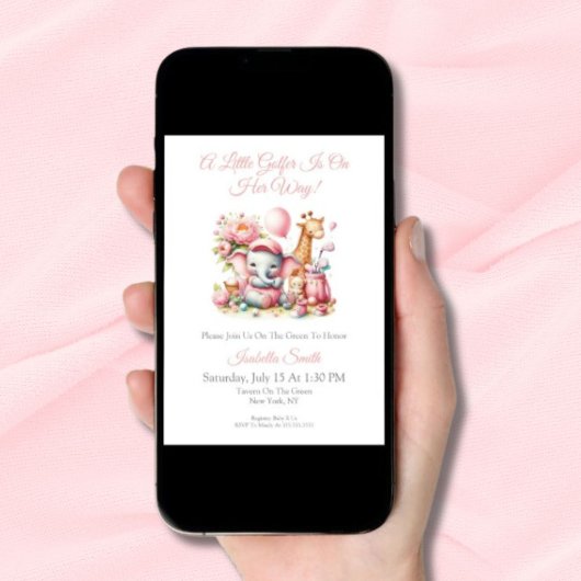 ピンクベビーガールエレファント&キリンゴルフベビーシャワー 招待状