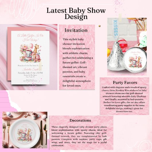 ピンクベビーガールエレファント&キリンゴルフベビーシャワー 招待状