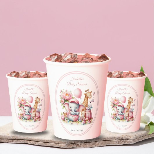 ピンクベビーガールエレファント&キリンゴルフベビーシャワー 紙コップ