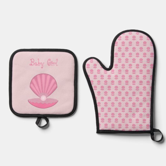 ピンクベビーガールオイスターシェルとパールカスタム 鍋つかみ&鍋敷きセット (正面)