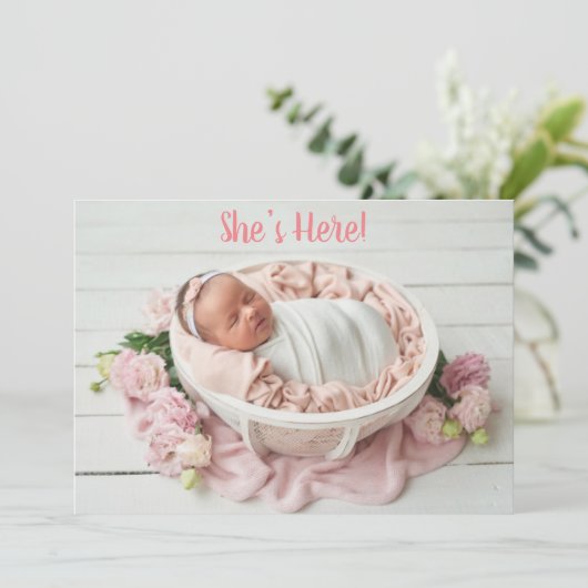 ピンクベビーガールギンガムプレイドキュートモダン誕生 案内状 (スタンド正面)