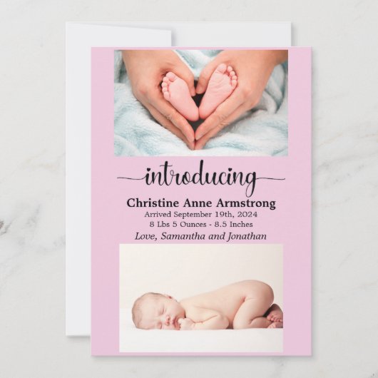 ピンクベビーガールサイズとウェイトフォト誕生 案内状 (正面)