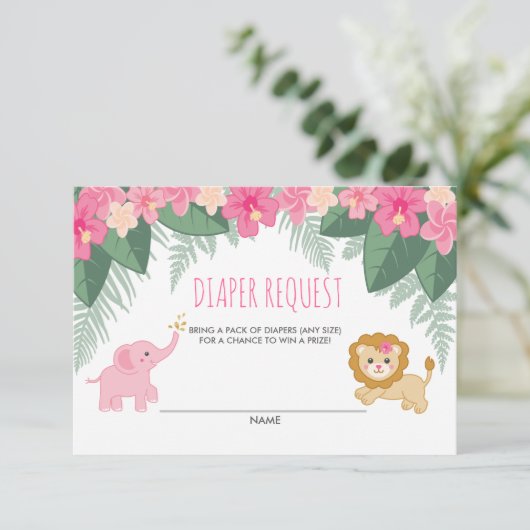 ピンクベビーガールサファリシャワーおむつリクエストカード エンクロージャーカード (スタンド正面)