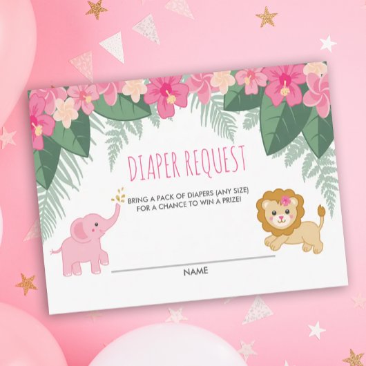 ピンクベビーガールサファリシャワーおむつリクエストカード エンクロージャーカード