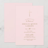 ピンクベビーガールシンプル金ゴールドエレガントクロスバプテスマ 招待状 (正面/裏面)