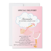 ピンクベビーガールストークベビーシャワー招待状