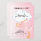 ピンクベビーガールストークベビーシャワー招待状 招待状 (正面/裏面)