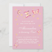 ピンクベビーガールバタフライ1st誕生日パーティー 招待状 (正面)