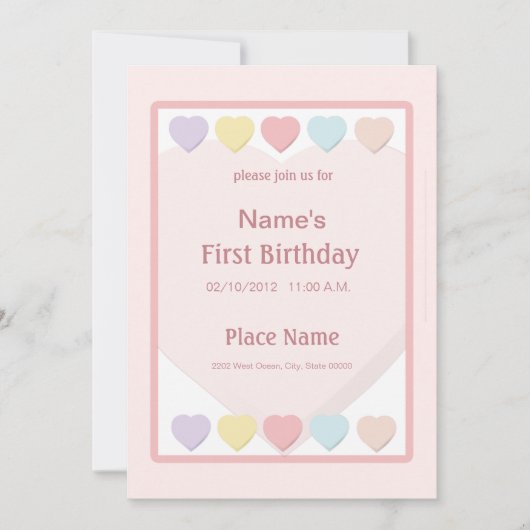ピンクベビーガールファースト誕生日ハート招待状 招待状 (正面)
