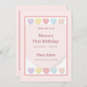 ピンクベビーガールファースト誕生日ハート招待状 招待状 (正面/裏面)