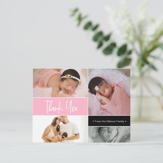 ピンクベビーガールフォトコラージュ誕生イントロありがとう ポストカード (スタンド正面)