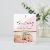 ピンクベビーガールフォト《キリスト教》洗礼式や命名式ありがとう ポストカード (スタンド正面)