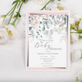 ピンクベビーガールフローラモダンベビーシャワー 招待状