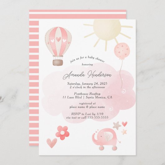ピンクベビーガールベビーシャワー招待状 招待状 (正面/裏面)